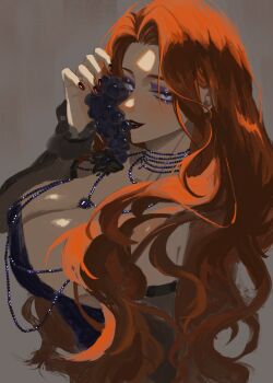 bead_necklace beads breasts cleavage dress elbow_gloves eyeshadow food fruit gloves grapes hand_up highres holding holding_food holding_fruit jewelry lipstick long_hair looking_at_viewer makeup nate71762013 necklace path_to_nowhere very_long_hair