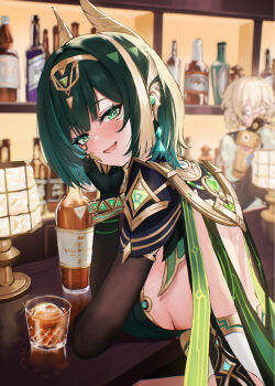 2girls ayul_(ayulneri_92) bar_(place) belt black_gloves blonde_hair blush bracelet breasts claw_ring earrings elbow_gloves genshin_impact gloves green_eyes green_hair green_shirt headpiece highres jahoda_(genshin_impact) jewelry large_breasts looking_at_viewer mark_under_eye medium_hair multiple_girls nefer_(genshin_impact) open_mouth shirt skirt smile solo_focus usekh_collar vision_(genshin_impact) white_skirt