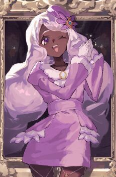 1girl absurdres ascot brooch clapping cowboy_shot dark-skinned_female dark_skin dress fascinator fishnet_pantyhose fishnets frilled_ascot frills gloves hair_ornament hands_up highres jacinthe_(pokemon) jewelry juliet_sleeves long_hair long_sleeves looking_at_viewer low_drills nintendo one_eye_closed open_mouth own_hands_together pantyhose pencil_dress picture_frame pokemon pokemon_legends:_z-a puffy_sleeves purple_dress purple_eyes purple_hair rasoso_(wyzx4524) short_dress smile solo star_(symbol) teeth through_medium through_painting upper_teeth_only very_dark_skin