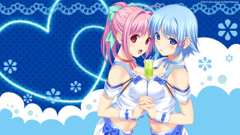 2girls between_breasts blue_eyes blue_hair blush bow breast_press breasts choker cleavage content_rating crop_top drink drinking_straw hair_bow highres himuro_rikka hinata_hanabi holding_hands interlocked_fingers koutaro medium_breasts melon_soda midriff multiple_girls o-ring o-ring_top official_art photoshop_(medium) pink_hair ponytail red_eyes symmetrical_docking tropical_kiss waitress wrist_cuffs