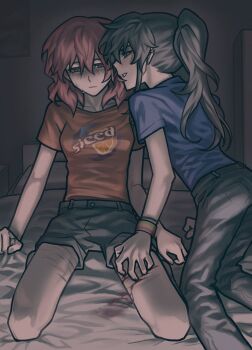 2girls ari_(class_of_09) artist_request bad_link bed_sheet black_hair bleeding blood blush breasts bugs_bug_me class_of_09 closed_mouth embarrassed highres kneeling leaning_forward limited_palette long_hair looking_at_another looking_down medium_breasts medium_hair multiple_girls nicole_(class_of_09) on_bed open_mouth ponytail red_hair sadism self-harm_scar sweat sweatdrop yuri