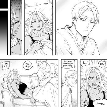 Rule 34 | 1boy, 1girl, absurdres, bb (baalbuddy), blush, breasts, brother and sister, brother and step-sister, casual, clothes lift, commentary, couch, crop top, dark-skinned female, dark elf, dark skin, elf, english commentary, hair down, highres, long hair, lying, medium breasts, on back, on couch, original, pointy ears, shirt lift, siblings, step-brother and step-sister, step-siblings, waking up, willford diccard, zana (dark elf stepsister)