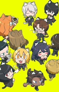 Rule 34 | 6+boys, 6+girls, absurdres, animal ears, black hair, blonde hair, cat boy, cat ears, cat girl, cat tail, closed mouth, commentary request, dark-skinned female, dark-skinned male, dark skin, don quixote (project moon), donut, faust (project moon), food, gregor (project moon), heathcliff (project moon), highres, holding, holding donut, holding food, holding newspaper, hong lu (project moon), ishmael (project moon), limbus company, long hair, meme, meursault (project moon), multiple boys, multiple girls, neco-arc, negi 0002, newspaper, open mouth, orange hair, outis (project moon), parody, ponytail, project moon, red eyes, rodion (project moon), ryoshu (project moon), short hair, sinclair (project moon), smoking, tail, white hair, yi sang (project moon)