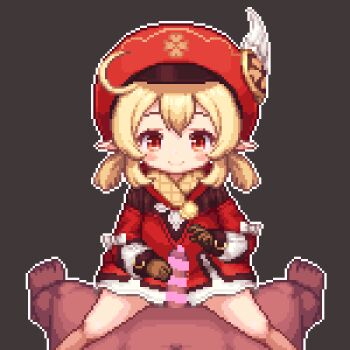 1boy 1girl age_difference ahoge animated animated_gif assertive_female bar_censor blonde_hair blush breasts newsboy_cap censored closed_eyes clothed_female_nude_male completely_nude cowgirl_position cum cum_in_pussy cum_overflow deep_penetration dot_nose dress genshin_impact girl_on_top gloves grinding happy happy_sex hat hat_feather hetero klee_(genshin_impact) leaning_forward loli long_hair long_sleeves looking_at_viewer low_twintails lowres moaning navel nipples nude open_mouth penis pixel_art pointy_ears pov pov_crotch pussy red_dress red_eyes red_headwear sb_(coco1) sex short_hair simple_background small_breasts smile solo_focus spread_legs straddling twintails vaginal