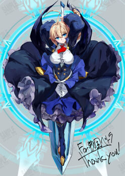 1girl absurdres ahoge arc_system_works arms_up blazblue blonde_hair blue_boots blue_eyes blue_jacket blue_skirt boots braid breasts commission dress es_(xblaze) female_focus full_body greatsword hair_between_eyes highres holding holding_sword holding_weapon jacket large_breasts long_hair long_sleeves magic_circle mazaki_oekaki necktie parted_lips puffy_long_sleeves puffy_sleeves red_necktie sidelocks skeb_commission skirt solo sword teeth weapon xblaze