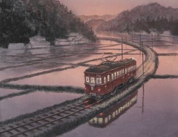 absurdres farm highres hill mountain mountainous_horizon no_humans original outdoors overhead_line pantograph railroad_tracks reflection reflective_liquid rice_paddy rural sketch tanamachi_yoshihiro train vehicle_focus water