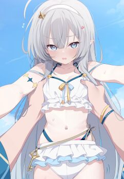 1boy 1girl ahoge anger_vein bare_shoulders blue_eyes bra breasts commentary_request deyui embarrassed female_tyrant_(stella_sora) flying_sweatdrops frilled_bra frilled_skirt frills furrowed_brow grey_hair highleg highleg_panties highres lifting_person light_blush male_tyrant_(stella_sora) navel nervous_sweating outdoors panties parted_lips peanut_mouth pointy_ears pov pov_hands skirt small_breasts solo_focus stella_sora stomach sweat swimsuit tyrant_(stella_sora) underwear variant_set