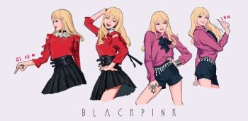 1girl black_nails black_shorts black_skirt blackpink blonde_hair blunt_bangs choker group_name hand_on_own_hip hashtag-only_commentary iiiiben lisa_(blackpink) long_hair long_sleeves multiple_views pink_shirt red_shirt shirt shorts simple_background skirt smile white_background