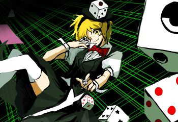1other absurdres ace_(playing_card) ace_of_hearts ace_of_spades androgynous black_background black_hairband black_skirt black_vest blonde_hair bow bowtie buttons card closed_mouth coattails collar dice dice_hair_ornament dress_shirt eye_of_senri feet_out_of_frame grid_background hair_ornament hairband happy heart highres holding holding_card len'en looking_at_viewer miniskirt one_eye_covered other_focus otogisum3 playing_card pleated_skirt puffy_short_sleeves puffy_sleeves red_bow red_bowtie shirt short_hair short_sleeves skirt smile solo spade_(shape) tailcoat thighhighs throwing traditional_bowtie vest white_shirt white_thighhighs white_wrist_cuffs wrist_cuffs xeno_a yellow_eyes