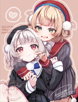 2girls :t beret black_hat black_jacket black_skirt blonde_hair blue_bow blue_bowtie blue_ribbon blunt_bangs blush bow bowtie braid cheek_poking collared_shirt dated dress_shirt eye_contact grabbing_another&#039;s_arm green_eyes grey_hair grey_jacket grey_skirt hair_ornament hair_rings harukaze_suzu hat highres indie_virtual_youtuber jacket kneehighs legwear_garter long_sleeves looking_at_another miniskirt multiple_girls neck_ribbon pinstripe_jacket pinstripe_pattern pinstripe_skirt pixiv_id pleated_skirt poking pom_pom_(clothes) pom_pom_hair_ornament red_eyes red_hat red_sailor_collar red_socks ribbon sailor_collar school_uniform shigure_ui_(vtuber) shigure_ui_(vtuber)_(1st_costume) shirt short_hair side_braid side_up_ring signature skirt sleeve_cuffs socks twitter_username ui_(voisona) virtual_youtuber voisona watermark white_shirt