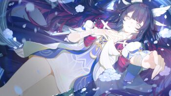 1girl artist_request columbina_(genshin_impact) dutch_angle empty_eyes genshin_impact long_hair lying on_back partially_submerged reaching reaching_towards_viewer solo very_long_hair water