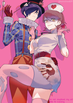 1boy 1girl against_wall arrow_(projectile) ass_peek belt belt_buckle black_hat blood blood_from_mouth blood_on_clothes blue_eyes blue_shirt breasts brown_eyes brown_hair buckle checkered_clothes checkered_shirt closed_mouth clown commentary_request dress earrings facial_mark feet_out_of_frame flipped_hair gloves grey_eyes hair_over_one_eye halloween halloween_costume hand_on_another&#039;s_chest hand_on_another&#039;s_hip hat heart highres holding jewelry looking_at_viewer medium_breasts nurse nurse_cap official_alternate_costume otoseto pants persona persona_3 persona_3:_dancing_moon_night persona_dancing pink_background pink_gloves pink_lips pink_thighhighs pumpkin red_belt red_gloves red_pants shirt short_dress short_hair smile stud_earrings suspenders sweatdrop takeba_yukari thighhighs torn_clothes torn_dress torn_thighhighs twitter_username white_dress yuuki_makoto_(persona_3) zombie