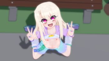 1girl 3d bench blonde_hair blue_nails breasts condom condom_packet_strip condom_wrapper double_v fate/kaleid_liner_prisma_illya fate_(series) female_focus fingernails flat_chest full_body gs-mantis heart heart-shaped_pupils highres illyasviel_von_einzbern loli long_hair looking_at_viewer nail_polish navel nipples open_mouth pink_nails pov red_eyes saliva shadow solo symbol-shaped_pupils uncensored v