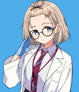 Rule 34 | 1girl, adjusting eyewear, bangs pinned back, bespectacled, black-framed eyewear, blue background, blue eyes, blue gloves, closed mouth, collared shirt, commentary, diagonal-striped clothes, diagonal-striped necktie, glasses, gloves, grey hair, hair ornament, hairclip, hand on eyewear, highres, idolmaster, idolmaster shiny colors, jacket, long sleeves, looking at viewer, necktie, open clothes, open jacket, qaqyes re, round eyewear, rubber gloves, serizawa asahi, shirt, short hair, simple background, solo, striped clothes, upper body, white jacket, white shirt