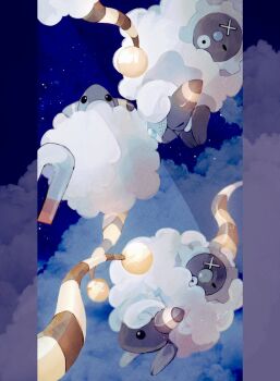 :o animal_focus black_eyes blue_eyes bright_pupils cloud cloudy_sky commentary floating fluffy gen_2_pokemon gen_5_pokemon glowing klink li04r magnet mareep night night_sky nintendo no_humans one_eye_closed open_mouth outdoors pokemon pokemon_(creature) robot sky star_(sky)