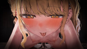 1boy 1girl absurdres bar_censor blonde_hair blush breasts censored completely_nude cowgirl_position cum cum_in_pussy cum_overflow fujita_kotone gakuen_idolmaster girl_on_top h.yasai hetero highres idolmaster loli looking_at_viewer nipples nude penis pov small_breasts solo straddling textless_version tongue tongue_out variant_set yellow_eyes