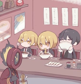 1girl 1other 2boys :3 black_gloves black_hair black_shirt blonde_hair blush closed_eyes closed_mouth collared_shirt dante_(limbus_company) don_quixote_(project_moon) dumpling food gloves hand_up happy indoors jiaozi kamaboko limbus_company marbornath menu multiple_boys narutomaki necktie noodle_strainer project_moon red_necktie restaurant shirt short_hair sinclair_(project_moon) smile soy_sauce_bottle strainer yellow_eyes yi_sang_(project_moon)