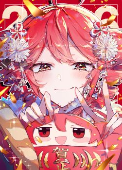 1girl 2026 ahoge baguette blush bread closed_mouth commentary_request drill_hair fingernails flower food hair_between_eyes hair_flower hair_ornament highres kasane_teto looking_at_viewer nail_polish oda_kogane red_eyes red_hair red_nails smile solo sparkle twin_drills utau v