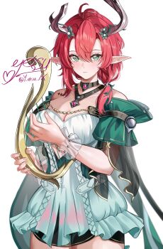 1girl antenna_hair artist_name bard bare_shoulders black_choker black_horns breasts choker ciaccona_(wuthering_waves) cleavage closed_mouth clothing_cutout cutout_above_navel detached_sleeves dress green_dress green_eyes hair_between_eyes harp hashtag-only_commentary highres holding holding_instrument horns instrument jewelry large_breasts long_hair looking_at_viewer low-tied_long_hair music necklace playing_instrument pointy_ears red_hair simple_background solo standing tacet_discord_(wuthering_waves) tree_horns twitter_username white_background white_wrist_cuffs wrist_cuffs wuthering_waves y_osu