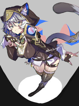 1girl absurdres animal_ears animal_hood blue_eyes boots breasts cat_ears cat_girl cat_hood cat_tail charm_(object) cipher_(honkai:_star_rail) coin commentary_request fingerless_gloves full_body gloves grey_hair highres honkai:_star_rail honkai_(series) hood kara_kurage leotard medium_breasts nail_polish simple_background tail thigh_boots thigh_strap white_streaks