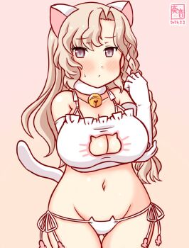 1girl alternate_costume animal_cutout artist_logo blonde_hair breasts cat_cutout cat_ear_panties cat_lingerie cleavage_cutout clothing_cutout commentary_request cowboy_shot dated eidsvold_(kancolle) gloves grey_eyes kanon_(kurogane_knights) kantai_collection large_breasts logo long_hair looking_at_viewer one-hour_drawing_challenge panties pink_background side-tie_panties solo thighhighs underwear underwear_only white_gloves