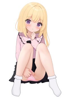 1girl absurdres black_skirt blonde_hair blush cleft_of_venus clothing_aside female_focus flashing hand_on_own_chin highres loli long_hair looking_at_viewer original panties panties_aside pink_panties purple_eyes pussy sitting skirt socks solo totorin7124 uncensored underwear white_background white_socks