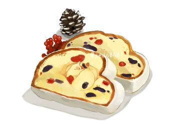 cat commentary_request food food_focus fruit fruitcake hakuchizu no_humans original pinecone simple_background stollen undersized_animal