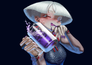 Rule 34 | 1girl, a.k.i. (street fighter), absurdres, colored eyelashes, commentary, cup, earrings, highres, impossible hair, jewelry, mole, mole under mouth, mug, nojob hiro, one eye closed, poison, purple nails, red eyes, scale print, simple background, solo, street fighter, tassel, tassel earrings, white eyelashes, white hair