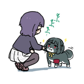 1girl :3 animal_with_hair animalization armband asaka_karin black_jacket black_pantyhose brown_shoes cheek_poking commentary_request dog fang fang_out jacket looking_at_animal looking_at_another love_live! love_live!_nijigasaki_high_school_idol_club mifune_shioriko miniskirt motion_lines nijigasaki_school_uniform pantyhose pleated_skirt poking purple_hair red_armband red_eyes school_uniform shinanoya_(satanicad) shoes simple_background skirt squatting translation_request white_background white_skirt winter_uniform