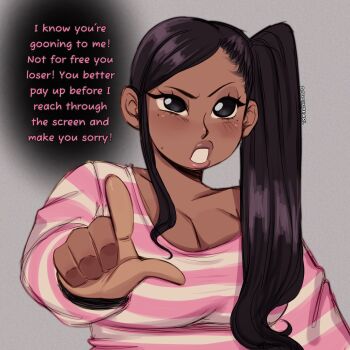 Rule 34 | 1girl, aiming, artist name, black eyes, brown hair, dark-skinned female, dark skin, doujinpearl, grey background, highres, long hair, looking at viewer, original, pearl (doujinpearl), pink shirt, shirt, side ponytail, simple background, solo, striped clothes, striped shirt, two-tone shirt, upper body, very dark skin, white shirt