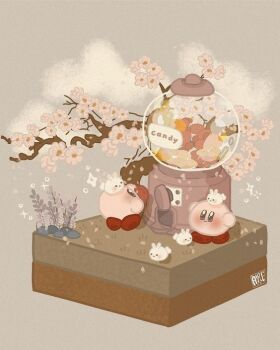 artist_request blue_eyes blush cherry_blossoms clone closed_mouth creature creature_focus creature_on_head flower grey_background gumball_machine happy kirby kirby_(series) lavender_(flower) nintendo no_humans pink_flower purple_flower rabbit signature simple_background smile source_request sparkle spring_(season) third-party_source tiptoes tree