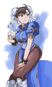 1girl :o :t blue_background boots bracelet breasts brown_eyes brown_hair brown_pantyhose bun_cover capcom china_dress chinese_clothes chun-li commentary_request double_bun dress earrings emapippi food hair_bun highres jewelry large_breasts pantyhose pelvic_curtain sitting spiked_bracelet spikes steamed_bun street_fighter street_fighter_ii_(series) white_background