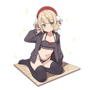 Rule 34 | 1girl, arm support, beret, black thighhighs, blush, bow, bow bra, bow panties, bra, breasts, brown hair, closed mouth, collarbone, commentary request, frilled bra, frills, full body, green eyes, grey bra, grey jacket, grey panties, hair rings, halterneck, hand up, hat, hatsunatsu, hood, hood down, hooded jacket, indie virtual youtuber, jacket, looking at viewer, navel, open clothes, open jacket, panties, pinstripe jacket, pinstripe pattern, red hat, shigure ui (vtuber), simple background, sitting, small breasts, smile, solo, sparkle, striped bra, striped clothes, striped panties, thighhighs, underwear, vertical-striped bra, vertical-striped clothes, vertical-striped panties, virtual youtuber, white background