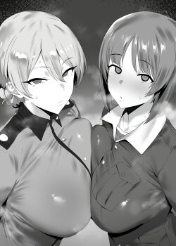 Rule 34 | 2girls, :o, absurdres, alternate breast size (larger), breast press, breasts, closed mouth, commentary request, darjeeling (girls und panzer), daroon5, girls und panzer, greyscale, hair between eyes, highres, large breasts, long hair, looking at viewer, monochrome, multiple girls, nishizumi miho, ooarai military uniform, school uniform, short hair, st. gloriana's military uniform, sweat, symmetrical docking, upper body