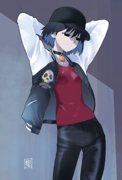 1girl absurdres arms_behind_head artist_name averting_eyes baseball_cap black_choker black_eyes black_hair black_hat black_jacket black_pants blue_hair bob_cut breasts casual choker collarbone colored_inner_hair commentary concrete_wall contrapposto empty_eyes hair_between_eyes hat highres jacket kikumaru_bunta letterman_jacket lock looking_down looking_to_the_side monogatari_(series) multicolored_hair multicolored_jacket narrowed_eyes open_clothes open_jacket oshino_ougi padlock padlocked_collar pale_skin pants patch raglan_sleeves red_shirt shirt short_hair signature small_breasts solo stretching translated two-tone_jacket unzipped white_jacket