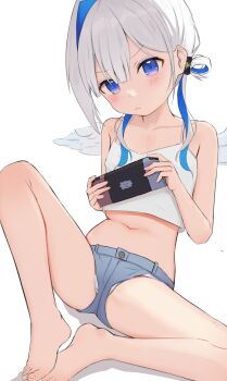 1girl :< amane_kanata angel badao bare_shoulders barefoot blue_eyes blue_hair crop_top dot_nose feathered_wings hair_ornament highres holding hololive light_blush loli looking_at_viewer navel panties playing_games short_shorts shorts simple_background underwear virtual_youtuber white_hair white_panties wings