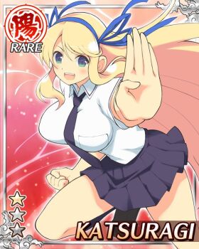 1girl blonde_hair blue_necktie blue_ribbon blue_skirt breasts card_(medium) game_cg green_eyes hair_ribbon hanzou_academy_school_uniform katsuragi_(senran_kagura) large_breasts long_hair necktie non-web_source official_alternate_costume official_art open_mouth palm-fist_greeting ribbon school_uniform senran_kagura senran_kagura_new_wave skirt smile solo
