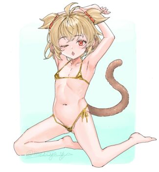 1girl ahoge andira_(granblue_fantasy) animal_ears armpit_focus armpits arms_behind_head arms_up barefoot bikini blonde_hair blush border collarbone flat_chest gold_bikini gradient_background granblue_fantasy hair_ribbon kneeling loli meshiya micro_bikini monkey_ears monkey_girl monkey_tail navel one_eye_closed open_mouth outside_border presenting_own_armpit red_eyes ribbon short_twintails simple_background solo swimsuit tail twintails twitter_username white_border