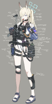 1girl absurdres animal_collar animal_ear_fluff animal_ears black_gloves blonde_hair blue_archive blue_eyes blue_halo blue_jacket blue_sandals chest_rig collar commentary_request dog_ears dog_girl earpiece extra_ears gloves gun h&amp;k_mp7 hair_over_one_eye halo highleg highleg_one-piece_swimsuit highres holding holding_gun holding_weapon jacket kanna_(blue_archive) kanna_(swimsuit)_(blue_archive) korean_commentary kral_(auux4442) leg_holster long_hair mixed-language_commentary official_alternate_costume official_alternate_hairstyle one-piece_swimsuit open_clothes open_jacket ponytail sandals sharp_teeth sidelocks solo submachine_gun swimsuit teeth weapon whistle white_one-piece_swimsuit