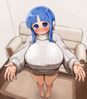 1girl absurdres alternate_breast_size_(larger) bare_legs blue_eyes blue_hair blunt_bangs blush breasts brown_shorts closed_mouth commentary_request couch dot_mouth from_above full_body headgear highres huge_breasts ichika_(ichika_manga) ilfa_(to_heart) incoming_hug indoors long_hair long_sleeves looking_at_viewer looking_up reaching reaching_towards_viewer ribbed_sweater shorts solo standing sweatdrop sweater to_heart_(series) to_heart_2 turtleneck turtleneck_sweater v-shaped_eyebrows white_sweater