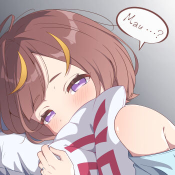1girl ahoge alternate_costume anya_melfissa aobara_hairi blonde_streaks bob_cut brown_hair close-up commentary covered_mouth dot_nose gradient_background half-closed_eyes head_on_pillow highres hololive hololive_indonesia hugging_object indonesian_text jewelry light_blush looking_at_viewer multicolored_hair narrowed_eyes pillow purple_eyes ring shirt short_hair single_off_shoulder solo speech_bubble streaked_hair swept_bangs translated two-tone_hair upper_body virtual_youtuber wedding_ring white_shirt yes-no_pillow