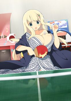 1girl :o aqua_eyes ball bath_yukata blonde_hair blush body_blush bouncing_breasts breasts cleavage collarbone hair_ornament hairclip hallway hanten_(clothes) highres holding_table_tennis_paddle japanese_clothes kimono large_breasts long_hair official_art open_mouth paddle panties playing_sports poster_(object) print_kimono reflection senran_kagura senran_kagura_new_wave senran_kagura_shoujo-tachi_no_shin'ei shima_(pattern) single_off_shoulder solo table table_tennis table_tennis_ball table_tennis_net table_tennis_paddle underwear white_panties yomi_(senran_kagura) yukata