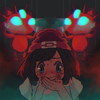 Rule 34 | 1girl, black hair, commentary request, covering own mouth, eyelashes, fingernails, gen 1 pokemon, glowing, hat, highres, meketomeke, meowth, nintendo, pokemon, pokemon sm, pokemon usum, red hat, selene (pokemon), short hair, short sleeves, solo, statue, sweat