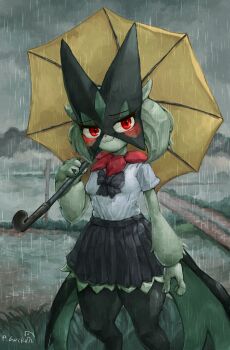 1girl absurdres animal_hands arm_at_side artist_name black_bow black_bowtie black_fur blush body_fur bow bowtie breasts cat_girl closed_mouth clothed_pokemon cloud cloudy_sky day female_focus furry furry_female grass green_fur green_hair grey_sky hand_up happy highres holding holding_umbrella looking_at_viewer meowscarada miniskirt nintendo outdoors path pepper_gecko72 pleated_skirt pokemon pokemon_(creature) rain raised_eyebrows red_eyes road school_uniform shirt shirt_tucked_in short_hair short_sleeves signature skirt sky slit_pupils small_breasts smile solo standing twitter_username two-tone_fur umbrella water wavy_mouth white_shirt