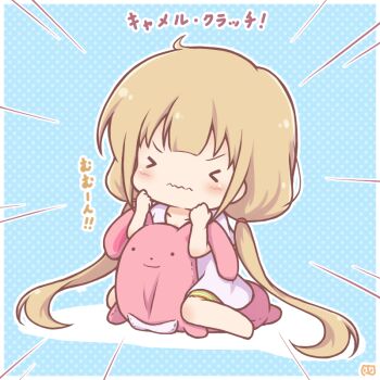 >_< ._. 1girl barefoot blonde_hair blue_background blush camel_clutch chibi closed_eyes closed_mouth commentary_request emphasis_lines futaba_anzu idolmaster idolmaster_cinderella_girls long_hair low_twintails mitarashi_neko polka_dot polka_dot_background shadow shirt short_sleeves shorts solo striped_clothes striped_shorts stuffed_animal stuffed_rabbit stuffed_toy translation_request twintails very_long_hair wavy_mouth white_shirt