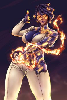 Rule 34 | 1girl, absurdres, afterbrnr, breasts, bumblesteak, business suit, buttons, claws, commentary, dark-skinned female, dark skin, english commentary, fire, formal clothes, gloves, highres, original, purple hair, pyrokinesis, simple background, suit, tail, white suit