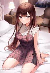 Rule 34 | 1girl, artist name, black eyes, blush, breasts, brown hair, building, chair, commentary request, copyright name, copyright notice, danjo no yuujou wa seiritsu suru?, enomoto rion, furrowed brow, hair ornament, hairclip, hand rest, head tilt, heart bracelet, highres, lamp, large breasts, long hair, looking at viewer, night, official art, on bed, parum39, pillow, pout, second-party source, seiza, sitting, solo, very long hair, window, wing collar