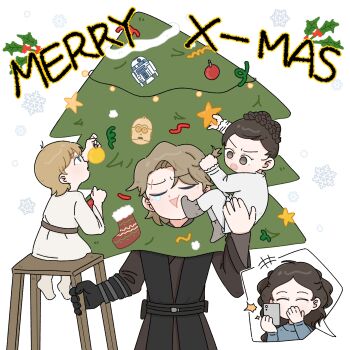 2boys 2girls absurdres anakin_skywalker animification blonde_hair brother_and_sister c-3po child christmas_tree_costume closed_eyes father_and_daughter father_and_son highres luke_skywalker merry_christmas mother_and_daughter mother_and_son multiple_boys multiple_girls padme_amidala princess_leia r2-d2 scar scar_across_eye scar_on_face siblings star_wars surisuri0