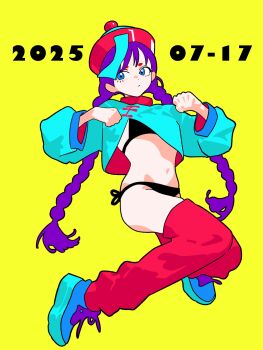 1girl bikini black_bikini blue_eyes blue_hat blue_jacket blue_shoes braid braided_twintails chinese_clothes closed_mouth dated detached_pants dot_nose flat_color full_body hands_up hat highres jacket jiangshi jiangshi_costume jumping light_frown long_hair long_sleeves minminmince multicolored_hat navel ofuda ofuda_on_head original pants puffy_long_sleeves puffy_sleeves purple_hair qingdai_guanmao red_hat red_pants shoes short_eyebrows side-tie_bikini_bottom sideways_glance simple_background solo swimsuit tangzhuang thick_eyebrows twin_braids twintails very_long_hair yellow_background