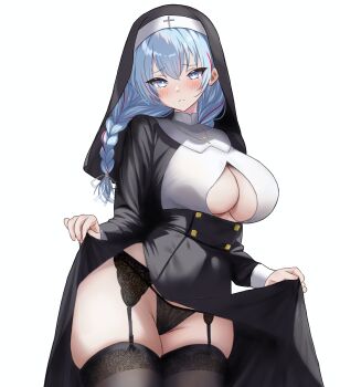 1girl absurdres black_dress black_panties black_thighhighs black_veil blue_eyes blue_hair blush braid breasts cleavage cleavage_cutout closed_mouth clothes_lift clothing_cutout commentary_request cross cross_necklace dress dress_lift garter_straps groin hair_between_eyes haze/reverb head_tilt highres jewelry large_breasts lingerie long_hair long_sleeves looking_at_viewer mitsumoti_8 multicolored_hair necklace nun ophelia_(haze/reverb) panties red_streaks simple_background sleeve_cuffs solo standing streaked_hair thighhighs thighs twin_braids two-tone_dress underwear veil white_dress